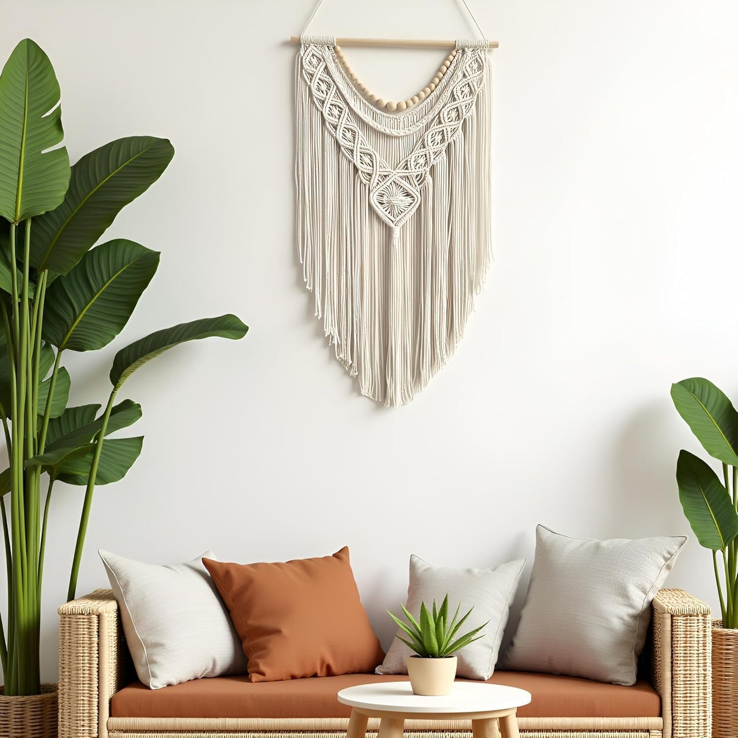 guzhiou Macrame Wall Hanging Boho Geometric Woven Tapestry Cotton Handmade Bohemian Art Decor with Wood Bead Wall Decor for Bedroom Living Room Apartment Nursery 31.5" L x 17" W (Wood bead-B)