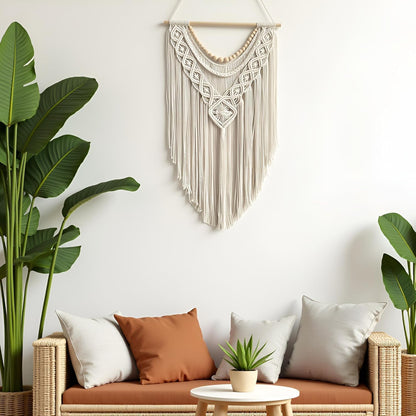 guzhiou Macrame Wall Hanging Boho Geometric Woven Tapestry Cotton Handmade Bohemian Art Decor with Wood Bead Wall Decor for Bedroom Living Room Apartment Nursery 31.5" L x 17" W (Wood bead-B)
