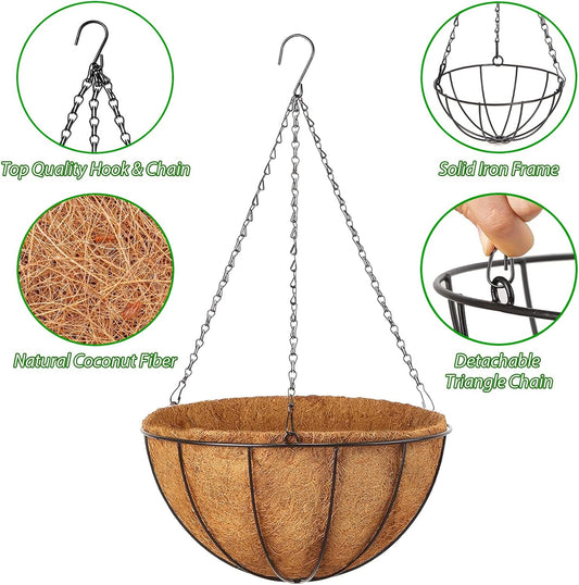 LCHUANG Hanging Baskets Planter for Plants - 2 Pack 12 Inch Metal Baskets with Coco Coir Liner, Hanging Flower Pots for Outside with Chain, Indoor Outdoor Garden Porch Decoration (12'' Pack of 2)