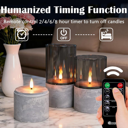 Rechargeable Flameless Glass Pillar Candles–Gifts for Women,–Set of 3, Realistic Flickering LED Light,Remote & Timer, Ideal for Living Room, Bedroom & Festival Wedding Home Party Decor