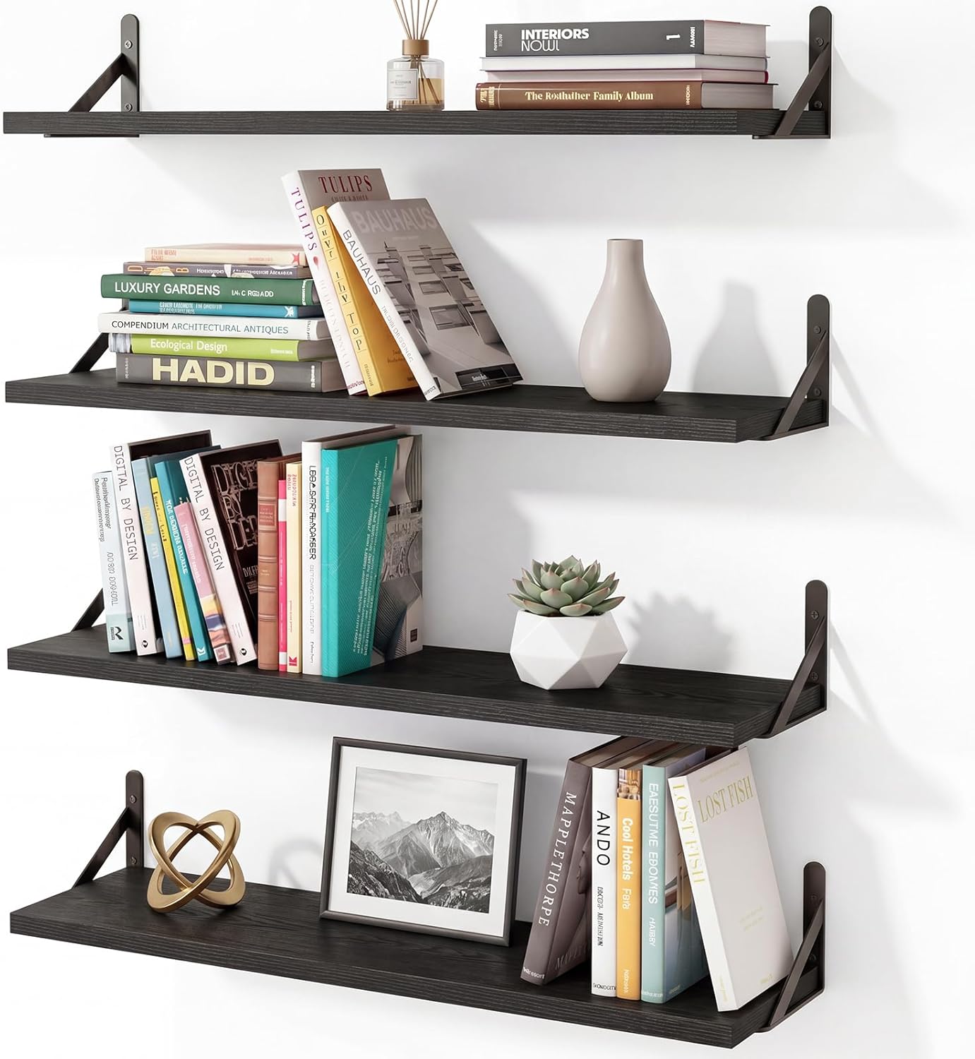 YGEOMER Floating Shelves for Wall, Different Sizes Dark Carbonized Brown Wall Shelves for Living Room, Bathroom, Bedroom, Kitchen, Home Decor (Set of 4)