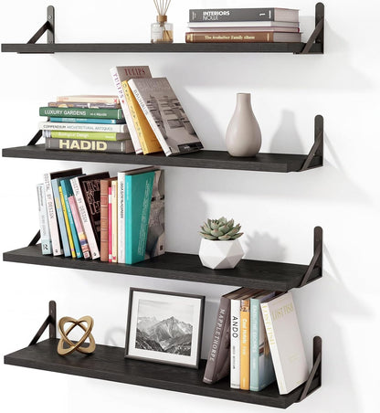 YGEOMER Floating Shelves for Wall, Different Sizes Dark Carbonized Brown Wall Shelves for Living Room, Bathroom, Bedroom, Kitchen, Home Decor (Set of 4)