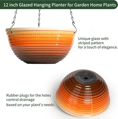 Vanslogreen 2 Pack Hanging Planters for Indoor Outdoor Plants, 10 Inch Hanging Planter with Drainage Hole & Plug Glazed Hanging Baskets Flower Pots for Garden Home (Blue)