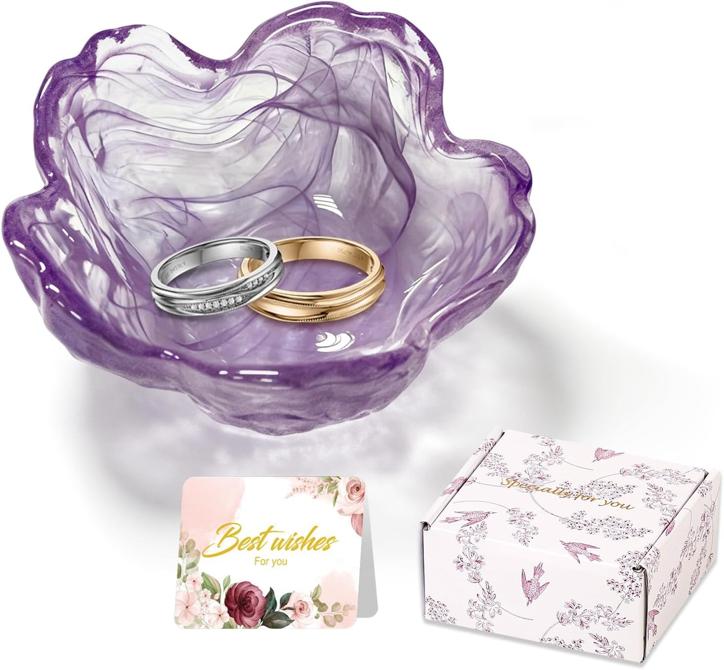 Purple Flower Jewelry Dish Glass Ring Holder Dish Jewelry Tray Cute Vanity Organizer Aesthetic Nightstand Bathroom Room Decor Trinket Dish Mothers Day Friendship Christmas Birthday Gifts for Women