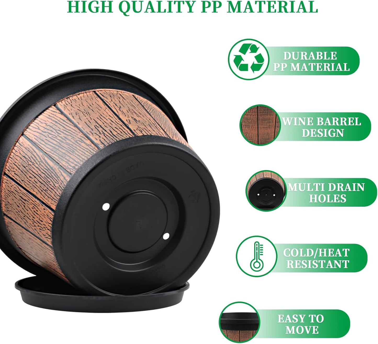 Quarut 4 Pack 10 inch Plant Pots,Upgrade Whiskey Barrel Planters with Drainage Holes & Saucer,Plastic Decoration Flower Pots Retro Design,Planters for Outdoor Indoor Garden Home Plants (Brown)