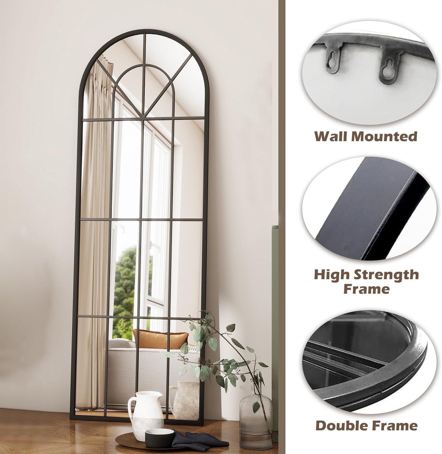 Dewfig 65"x 22" Arched Window pane Full Length Mirror, Wall Mirror, Floor Standing Mirrors, Farmhouse Long Full Body Mirrors Wall Mounted for Living Room, Bedroom, Entryway, Fireplace, Black