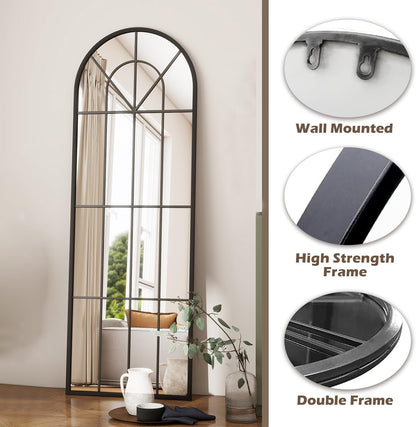 Dewfig 65"x 22" Arched Window pane Full Length Mirror, Wall Mirror, Floor Standing Mirrors, Farmhouse Long Full Body Mirrors Wall Mounted for Living Room, Bedroom, Entryway, Fireplace, Black