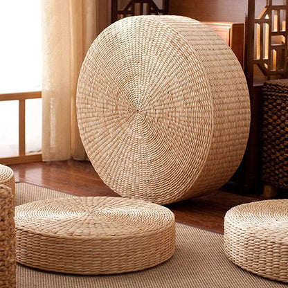 HUAWELL 2 Pack Tatami Floor Pillow Sitting Cushion Bigger Size,Round Padded Room Floor Straw Mat for Outdoor Seat (Dia: 19.7)