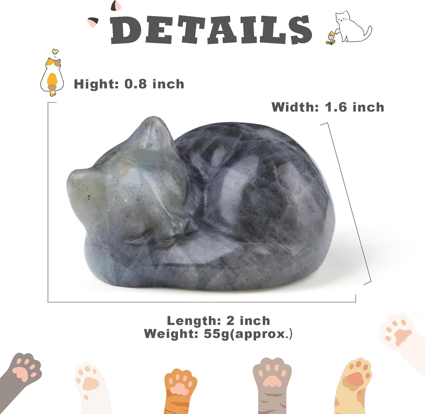 YATOJUZI 2" Cat Decors Statue Opal Moonstones Crystals Opalite Sleeping Cats Gemstone Hand-Carved Cute Animal Figurines Home Office Desk Decor Stocking Stuffers Cat Themed Ornaments Gifts for Women