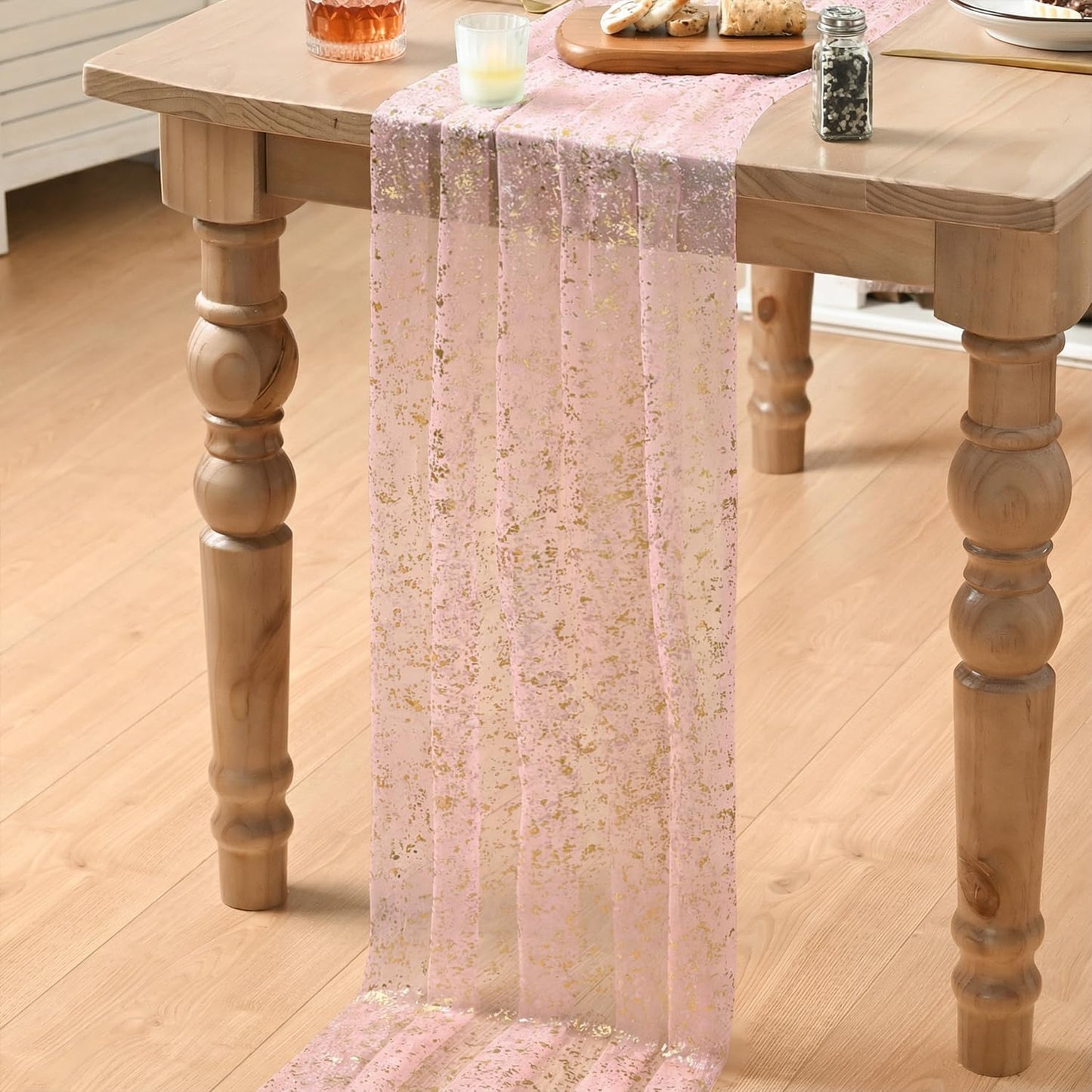 Artoid Mode Beige Gold Gauze Table Runner 120 Inch 10FT, Glitter Metallic Foil Sheer Dining Wedding Anniversary Holiday Birthday Table Decor for Home Party