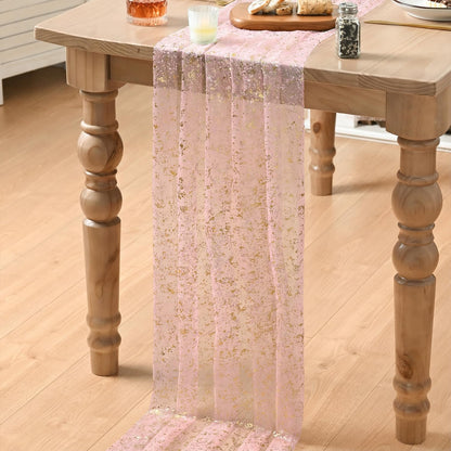 Artoid Mode Beige Gold Gauze Table Runner 120 Inch 10FT, Glitter Metallic Foil Sheer Dining Wedding Anniversary Holiday Birthday Table Decor for Home Party