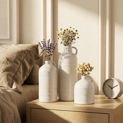 Firehold Ceramic Vase Set of 3, Rustic Home Decor Vases for Modern Farmhouse, White Boho Flower Vases for Shelf, Mantel, Table Decor, Small Decorative Vase for Dried Flowers & Pampas Grass