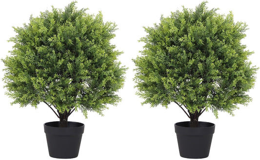 2ft Artificial Cedar Topiary Ball Trees Outdoor, 24" UV Resistant Faux Potted Plants Outside, Realistic Fake Greenery Evergreen Pine Cypress Bushes Shrubs for Front Porch Planter Indoor Decor Set of 2