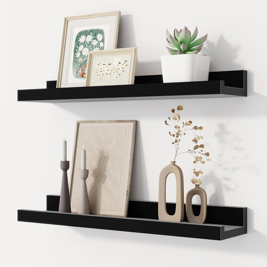 Floating Picture Ledge Shelves Set of 2, 16 Inch Solid Wood Wall Shelves with Lip, Large Nursery Book Shelf for Toys Storage, Kids Bookshelf, Living Room, Bedroom Decor Frames, Walnut Color