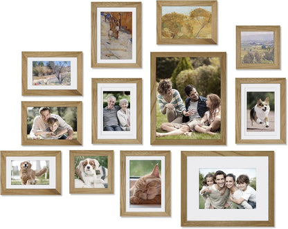 Egofine Picture Frame Set 12 Pack, Picture Frames Collage Wall Decor with Two 11x14, Two 8x10, Four 5x7, Four 4x6 for Wall and Tabletop, Made of Solid Wood, Covered by Plexiglass, Natural Wood
