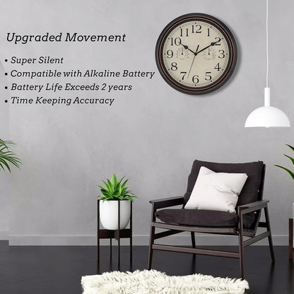 Foxtop Retro Silent Non-Ticking Round Classic Clock Quartz Decorative Battery Operated Wall Clock for Living Room Kitchen Home Office 12 Inch (Bronze)