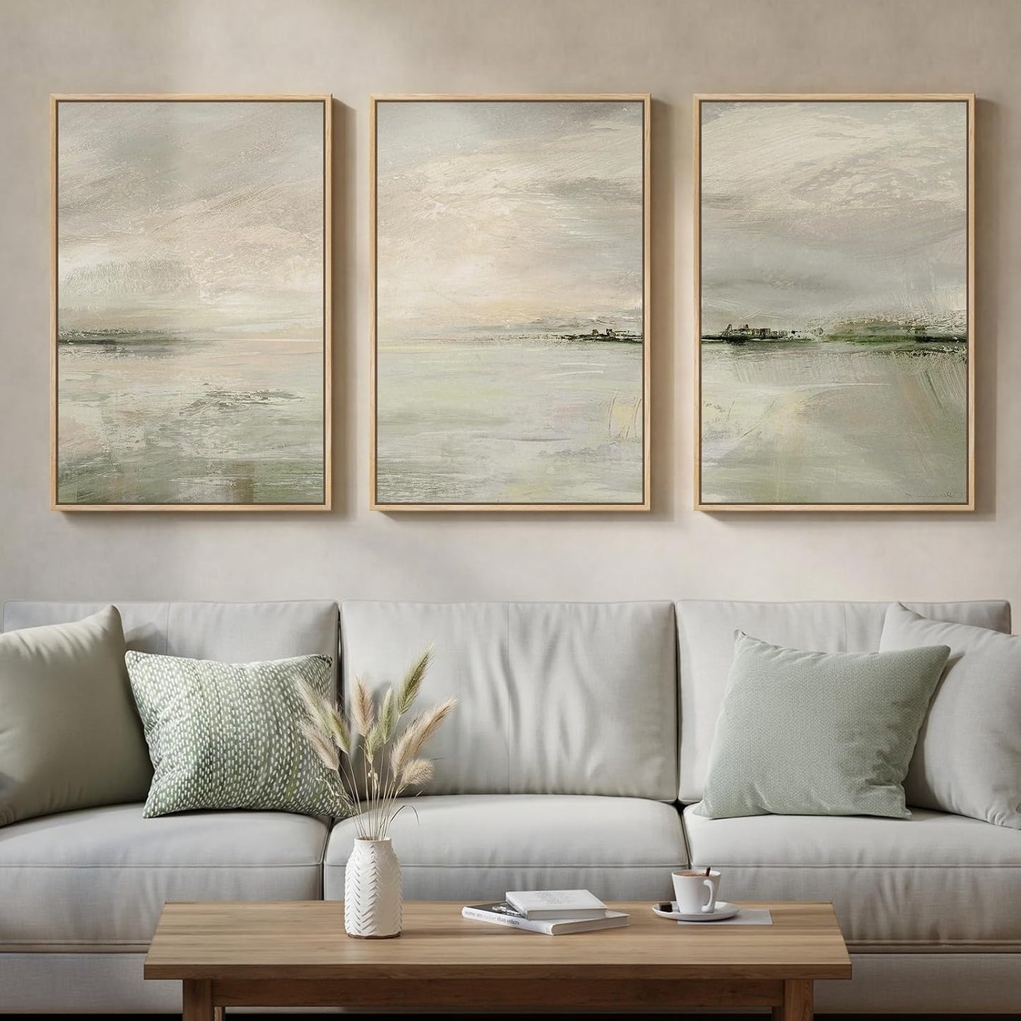 Large Framed Abstract Nature Landscape Wall Art for Living Room, Set of 3 Modern Canvas Prints Paintings Artwork for Walls, Green Lake Pictures for Hallway, Dining Room, Office Wall Decor 24x36 Inch
