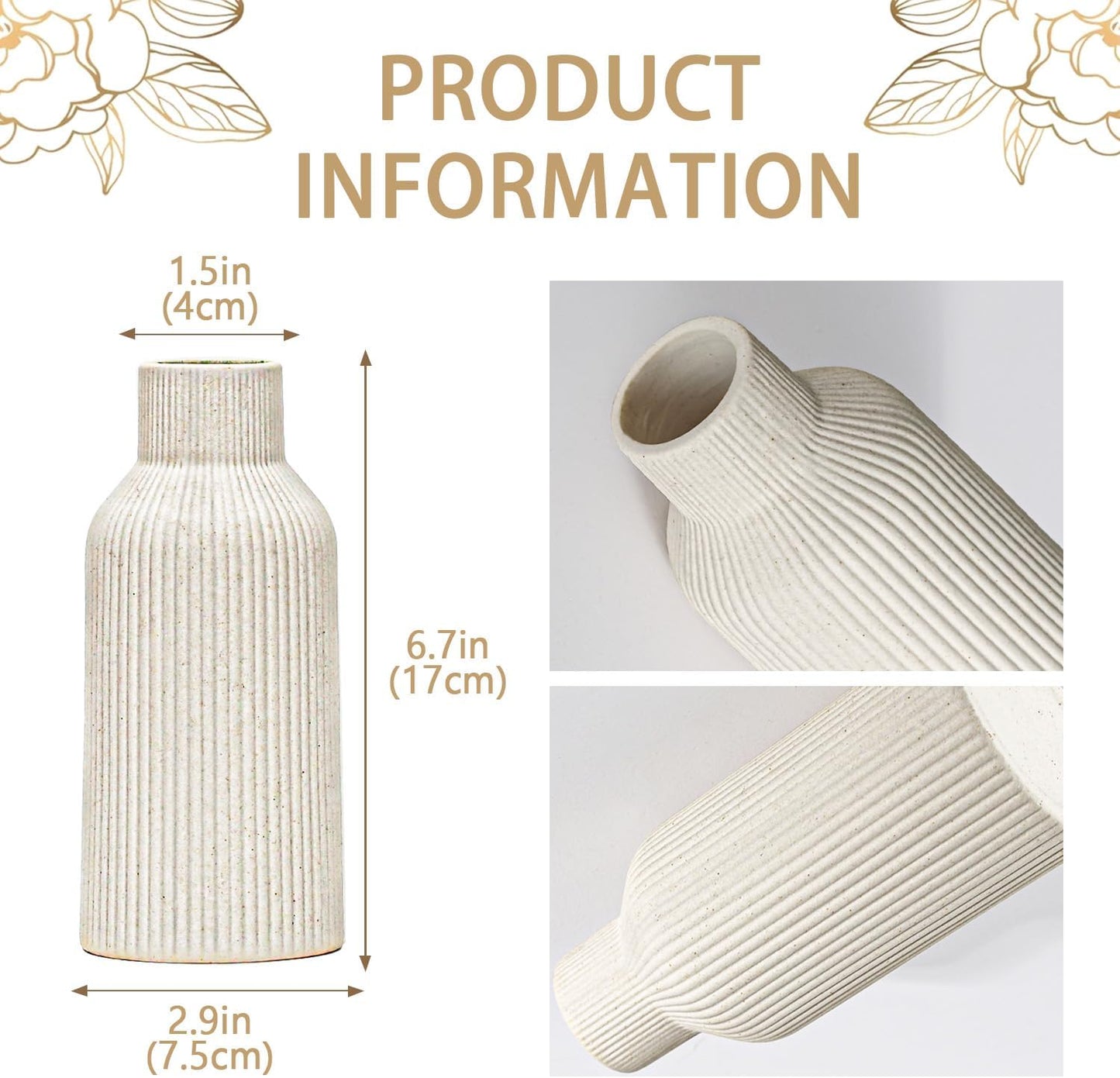 Bohemian White Ceramic Vase - for Pampas Grass, Mantel, Bookshelf, Entryway and Living Room Decor (White, 7in)