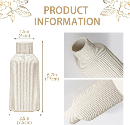 Bohemian White Ceramic Vase - for Pampas Grass, Mantel, Bookshelf, Entryway and Living Room Decor (White, 7in)