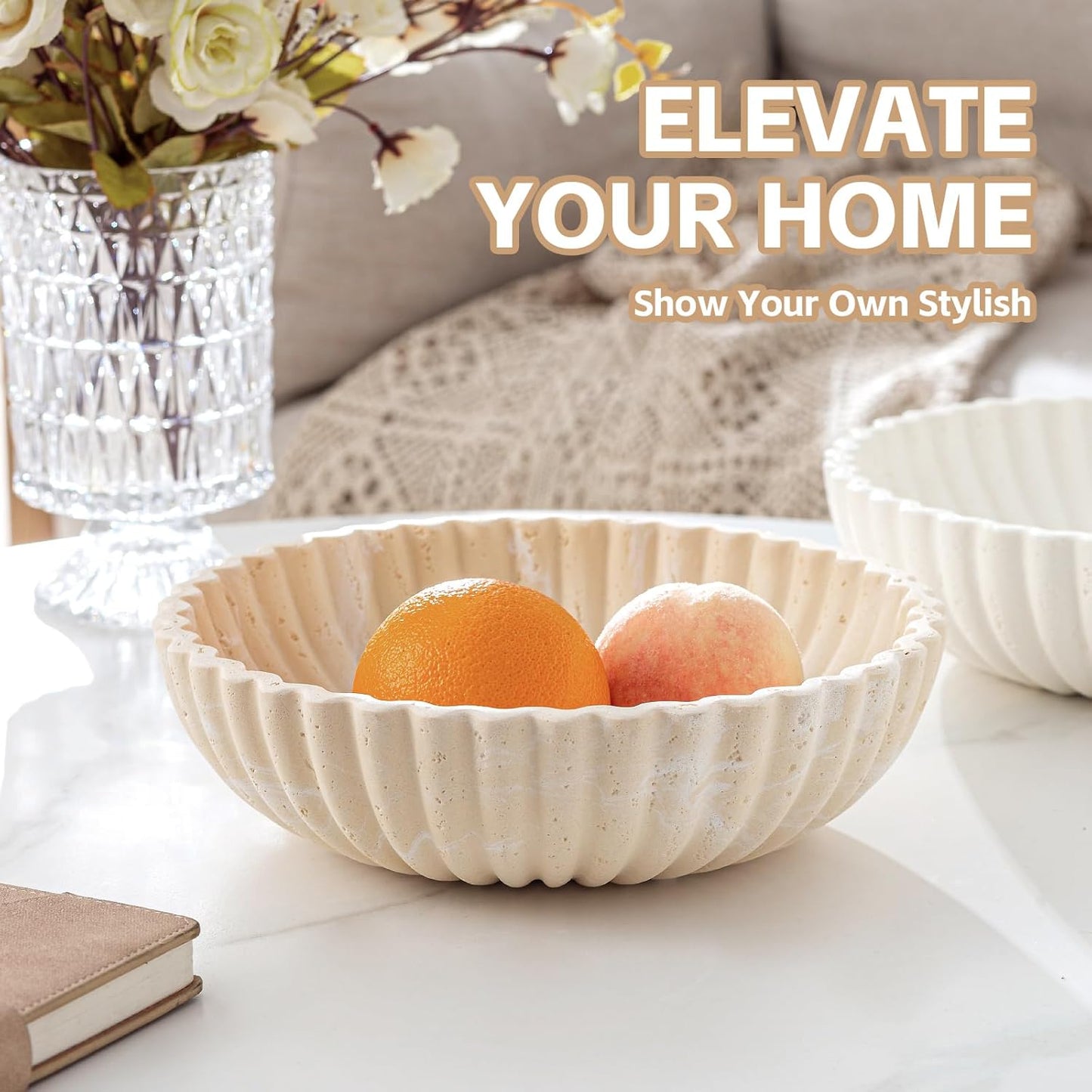Large Decorative Fruit Bowl for Kitchen Counter, Sandstone Look Modern Minimalist Snack Candy Bowl for Table Centerpiece Decor, Home, Office, Hotel, Entryway (Beige)