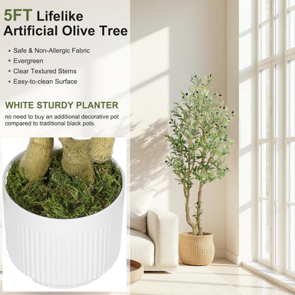 HZXGCP 6ft Artificial Olive Tree Indoor, Fake Olive Tree with White Pot, Faux Olive Tree with Dense Leaves & Realistic Fruits, Tall Artificial Plant for Home Living Room Office Entryway Decor