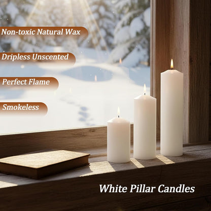 18 Pcs White Pillar Candles Bulk Set，Hurricane Candles，3 Different Lengths 2 x 3/4/6 Inch (6 Each)，Dripless Unscented Smokeless，Gives You a Better Atmosphere When Organizing an Event Party.