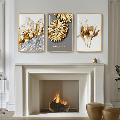 Framed Modern Luxury Gold Wall Art, Set of 3 Piece Contemporary Paintings Artwork for Walls, Golden Prints Pictures with Gold Frame, Wall Decor for Living Room, Hallway, Bedroom, Office 16x24 Inch