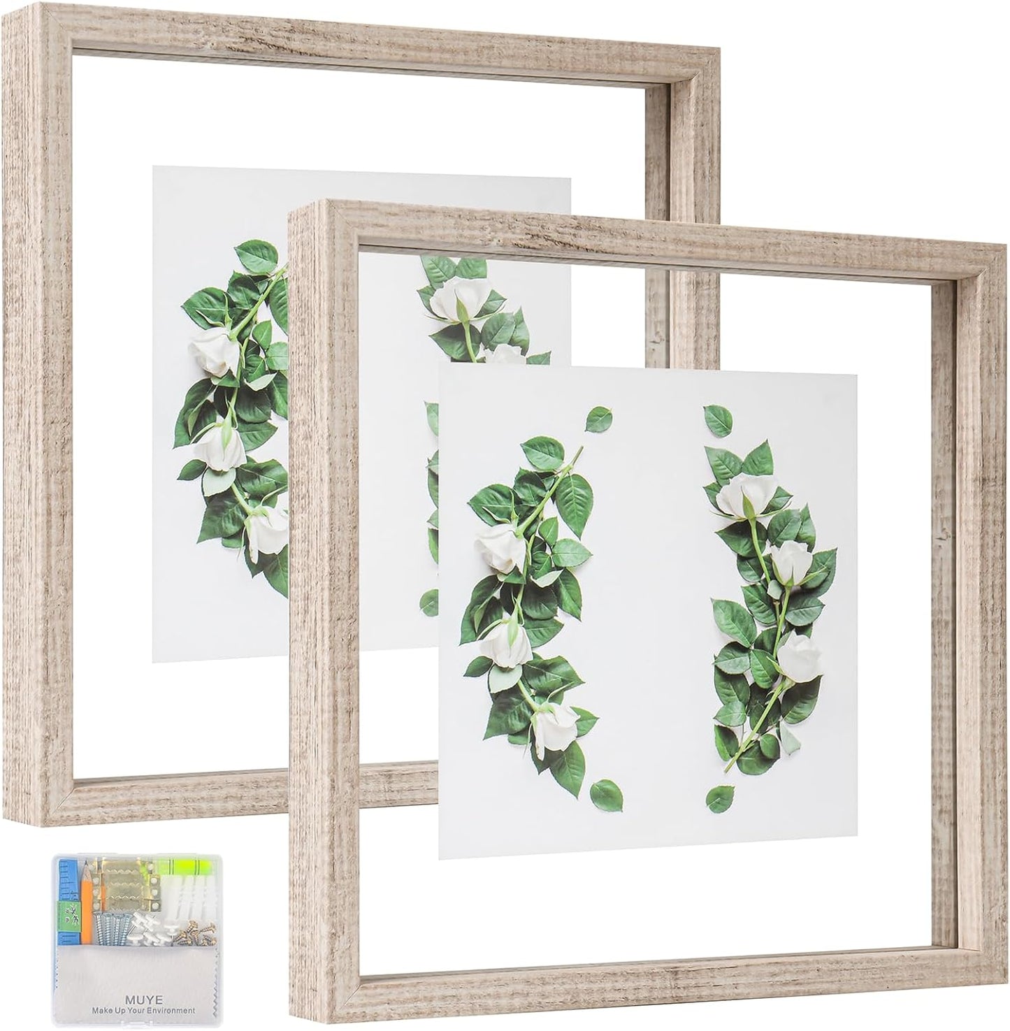 MUYE 11x14 Floating Frame Set of 2,Double Glass Rustic Frame,Display Any Size Photo up to 11x14,Wall Mount or Tabletop Standing,Natural