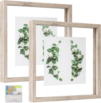 MUYE 11x14 Floating Frame Set of 2,Double Glass Rustic Frame,Display Any Size Photo up to 11x14,Wall Mount or Tabletop Standing,Natural