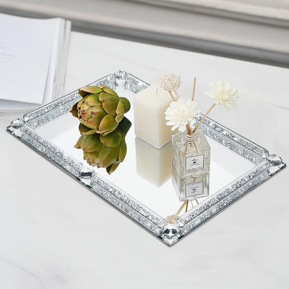 Crystal Glass Tray, Modern Mirror Jewelry Dresser Trinket Trays with Crushed Diamond, 11.8" x 7.9"Rectangular Makeup Perfume Tray for Bathroom Bedroom, Home Decor, Hotel Banquet, Party(Silver)