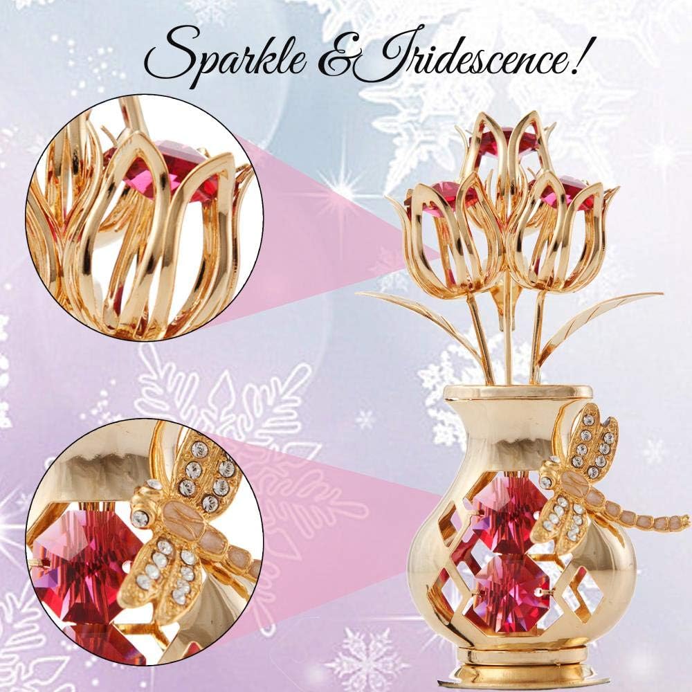 Matashi 24K Gold Plated Crystal Flower Figurine with Clear Crystals & Butterfly – Luxury Decorative Tulip Statue, Elegant Tabletop Home Décor, for Mother's Day, Valentine's Day, Christmas