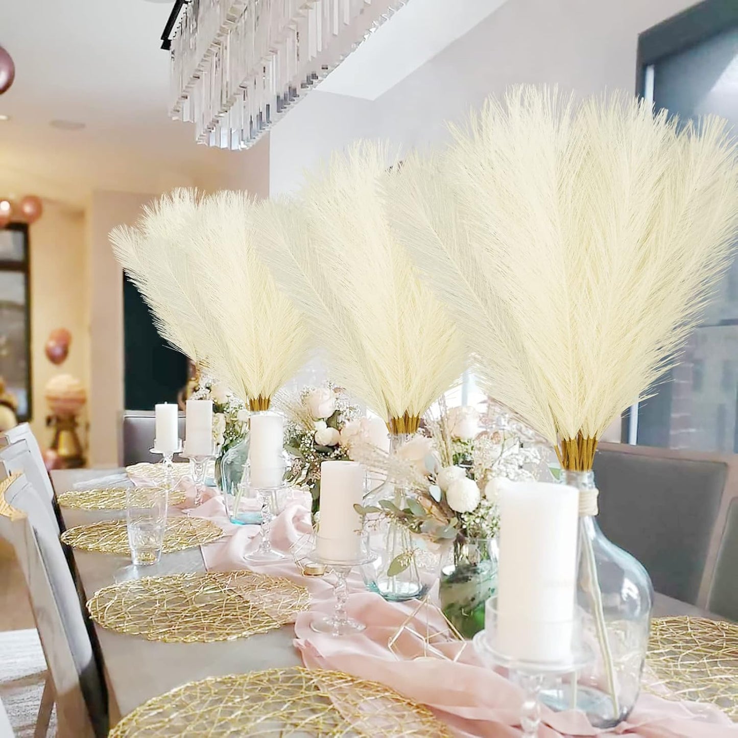 obbsie 50pcs Pink Faux Pampas Grass Decor, 21.6" Short Artificial Floral Branches Vase Filler Flower Arrangement for Home Wedding Boho Outdoor Decor