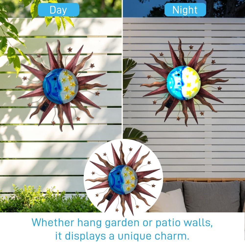 Large Metal Sun Wall Decor Outdoor, 27 Inch Sun and Moon Decor Metal Wall Art, 3D Sun Wall Decor for Patio Garden Yard Fence Bedroom Living Room Decoration