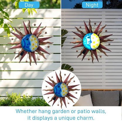 Large Metal Sun Wall Decor Outdoor, 27 Inch Sun and Moon Decor Metal Wall Art, 3D Sun Wall Decor for Patio Garden Yard Fence Bedroom Living Room Decoration
