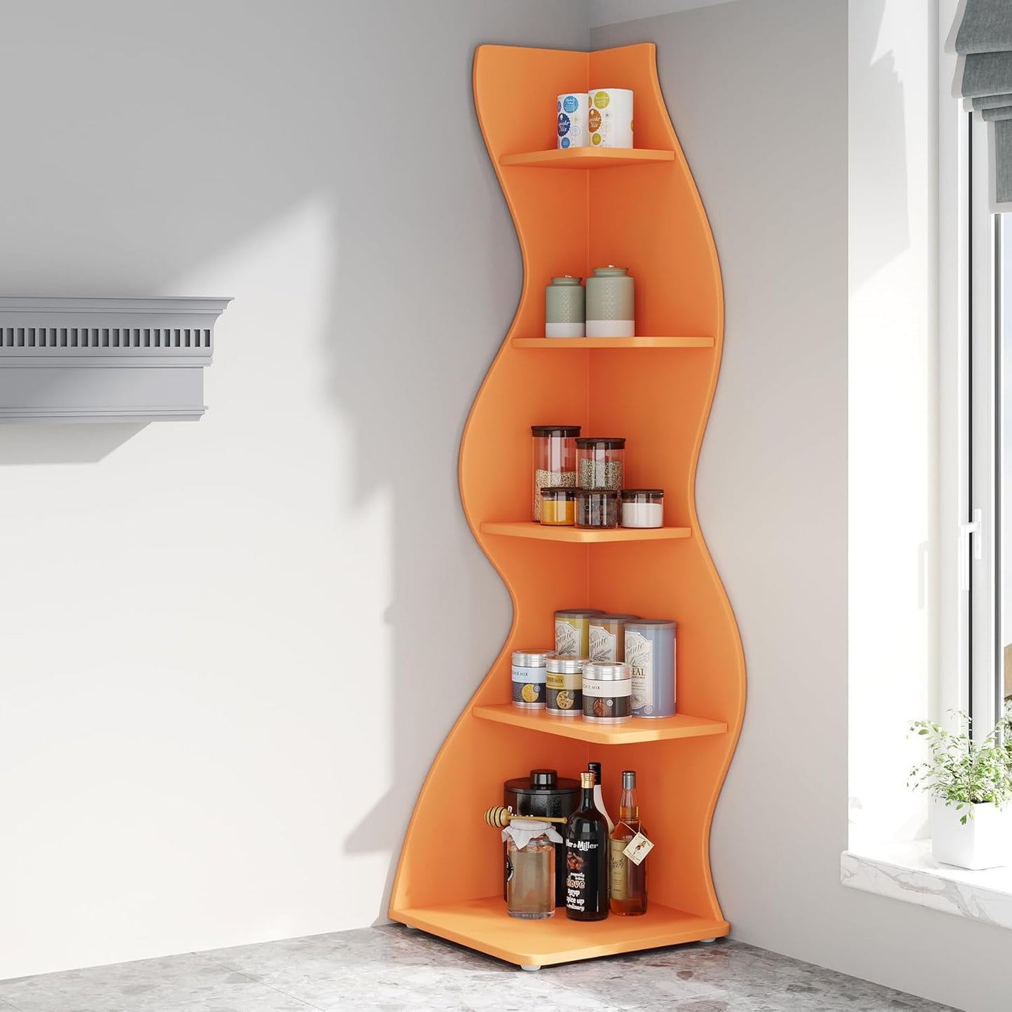 Tribesigns Corner Shelf, Modern 5-Tier Wall Corner Bookshelf, Stylish Corner Small Bookcase Storage Rack Plant Stand with Unique Shape for Living Room, Home Office (White, 1PC)