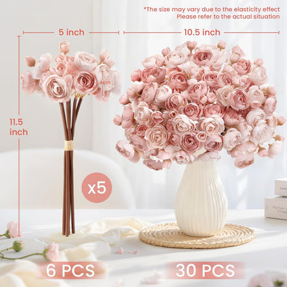 Alupssuc 30Pcs Ranunculus Artificial Flowers Faux Silk Mini Ranunculus, Spring Flowers Artificial Indoor for DIY Bouquets, Bulk Fake Wedding Filler Flowers for Bride Shower Decorations, Shabby Blush