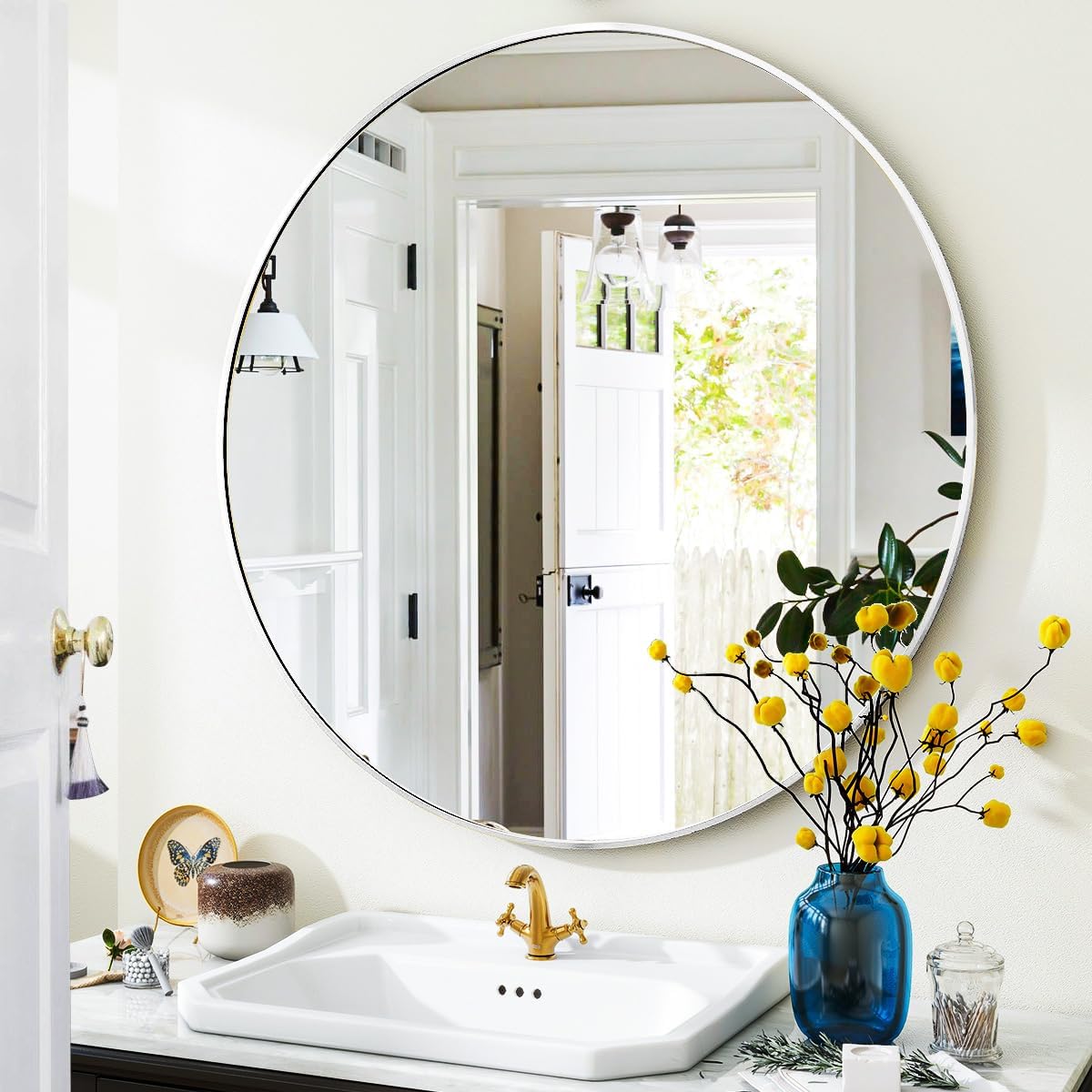 VooBang Large Black Round Bathroom Mirror, 48 inch Circle Wall Mounted Hanging Mirror with Simple Modern Circular Metal Frame for Hallway, Entryway, Living Room, Black Frame