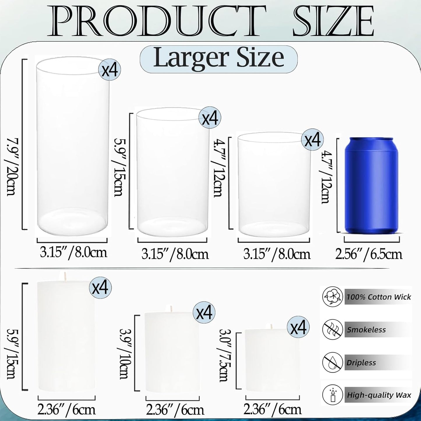 24 Pcs White Pillar Candles and Glass Candle Holders Cylinder Candle Vases for Pillar Candles Hurricane Candle Holders Set for Wedding Party, Event, Home Office Decor