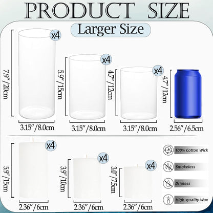 24 Pcs White Pillar Candles and Glass Candle Holders Cylinder Candle Vases for Pillar Candles Hurricane Candle Holders Set for Wedding Party, Event, Home Office Decor