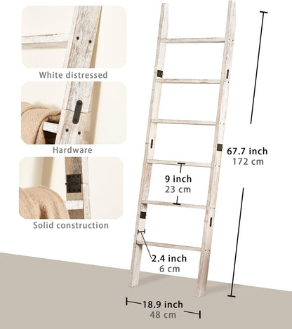 Blanket Ladder for the Living Room 6-Tier, Wooden Decorative Quilt Holder for Bed room, Wall-Leaning Towel Rack for Bathroom，Rustic Farmhouse Ladders for Display. (Dark Brown)