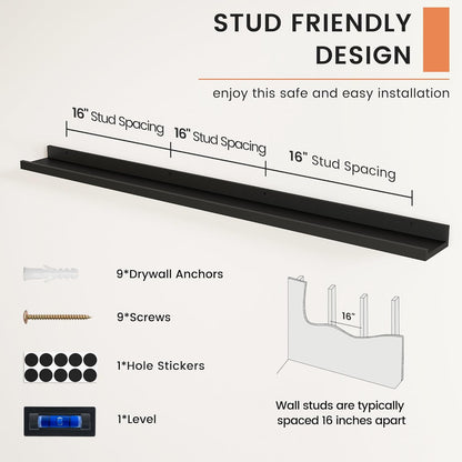 FLYJOE Picture Ledge Shelf, Floating Shelves Set of 2, 48 Inches Long Large Nursery Book Shelves for Toys Storage, Kids Bookshelf Wall Mounted for Living Room Bedroom Decor Books Photo Frames, Walnut