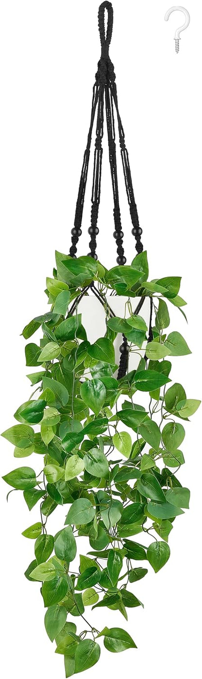Mkono Fake Hanging Plant with Pot, Artificial Plants for Home Decor Indoor Macrame Plant Hanger with Fake Vines Greenery for Bedroom Bathroom Kitchen Office Decor, Ivory (Pothos)