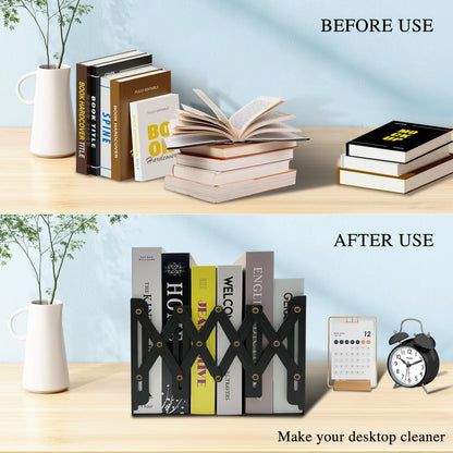 Adjustable Bookends Non Skid Decorative Bookends,Metal Bookend for Heavy Books,Bookshelf Organizer Holder for Books and Magazines for Desk(Black)