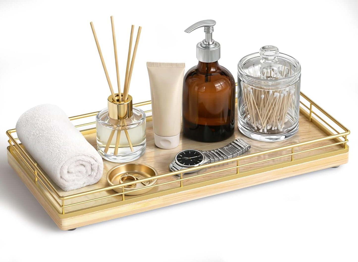 Bathroom Vanity Tray for Countertop, 12" x 6" Acacia Wood Toilet Tank Tray with Metal Guardrail, Bathroom Organizer for Soap, Perfume & Skincare, Non-Slip Decorative Tray for Dresser, Black & Acacia