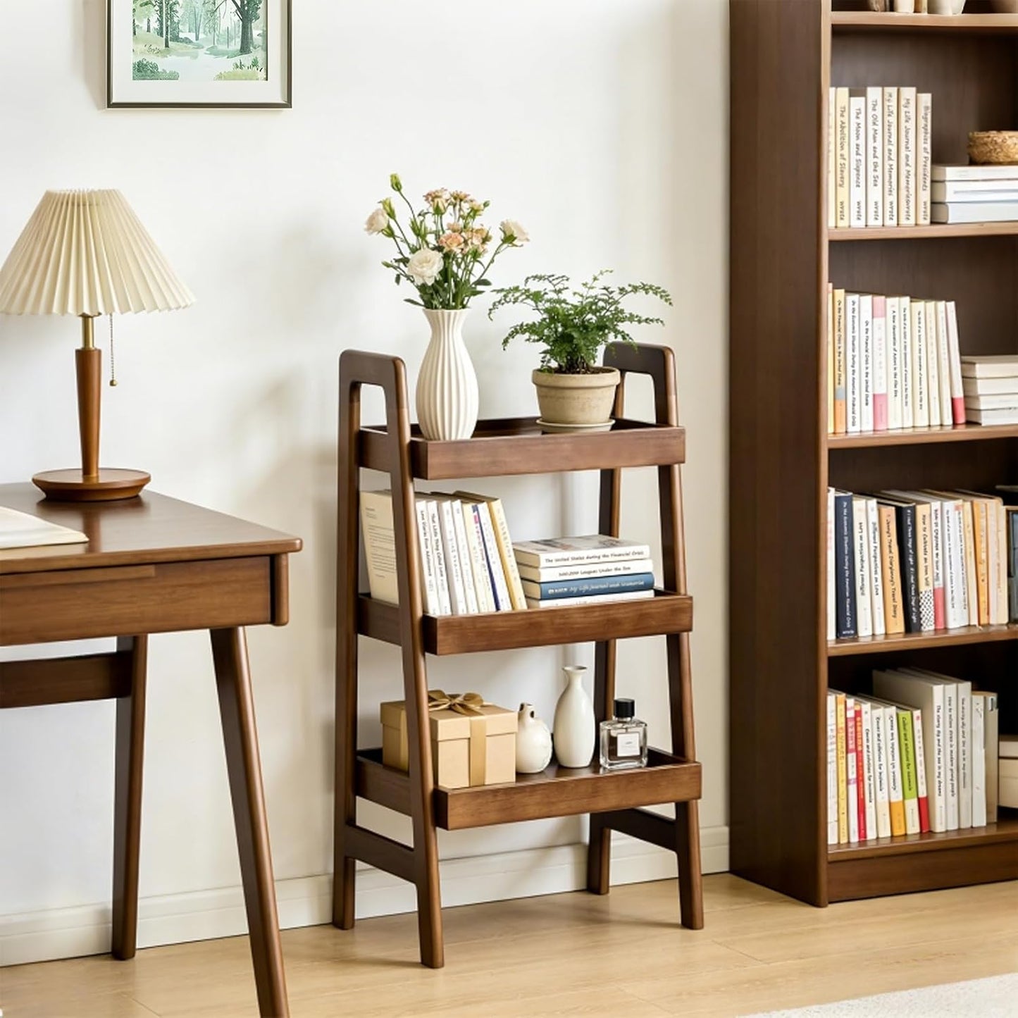 Haotian Solid Wood Ladder Shelf, 3-Tier Walnut Ladder Bookshelf, Small Open Storage Shelf with Anti-Slip Edges, Compact Narrow Bookshelf for Small Spaces, Bedside Table DJ-FRG001