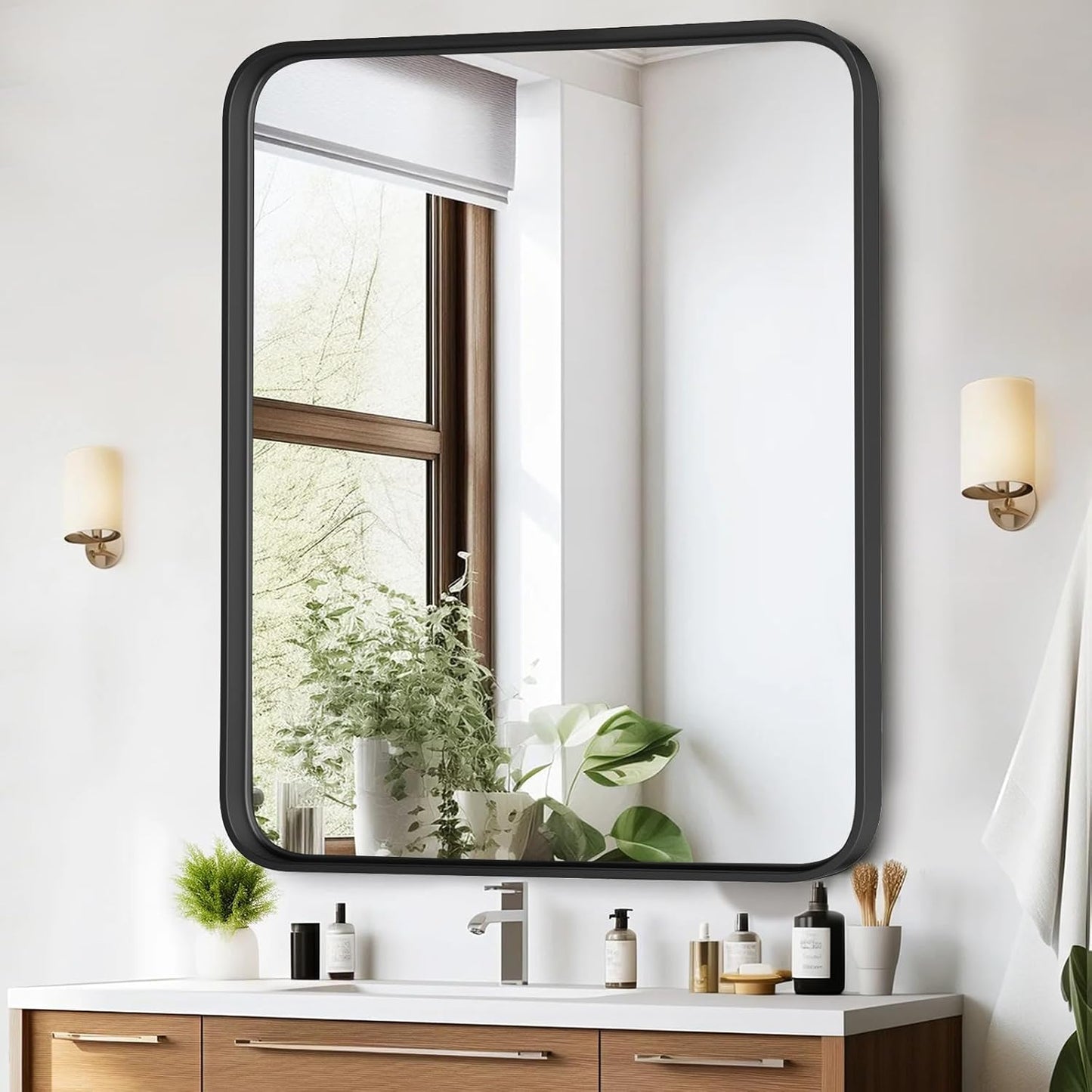 Bathroom Mirror for Wall, 24 Inch Round Mirror, Matte Black Metal Framed Circle Vanity Mirror for Bathroom Bedroom Living Room Entryway, Anti-Rust, Tempered Glass, Hanging or Leaning