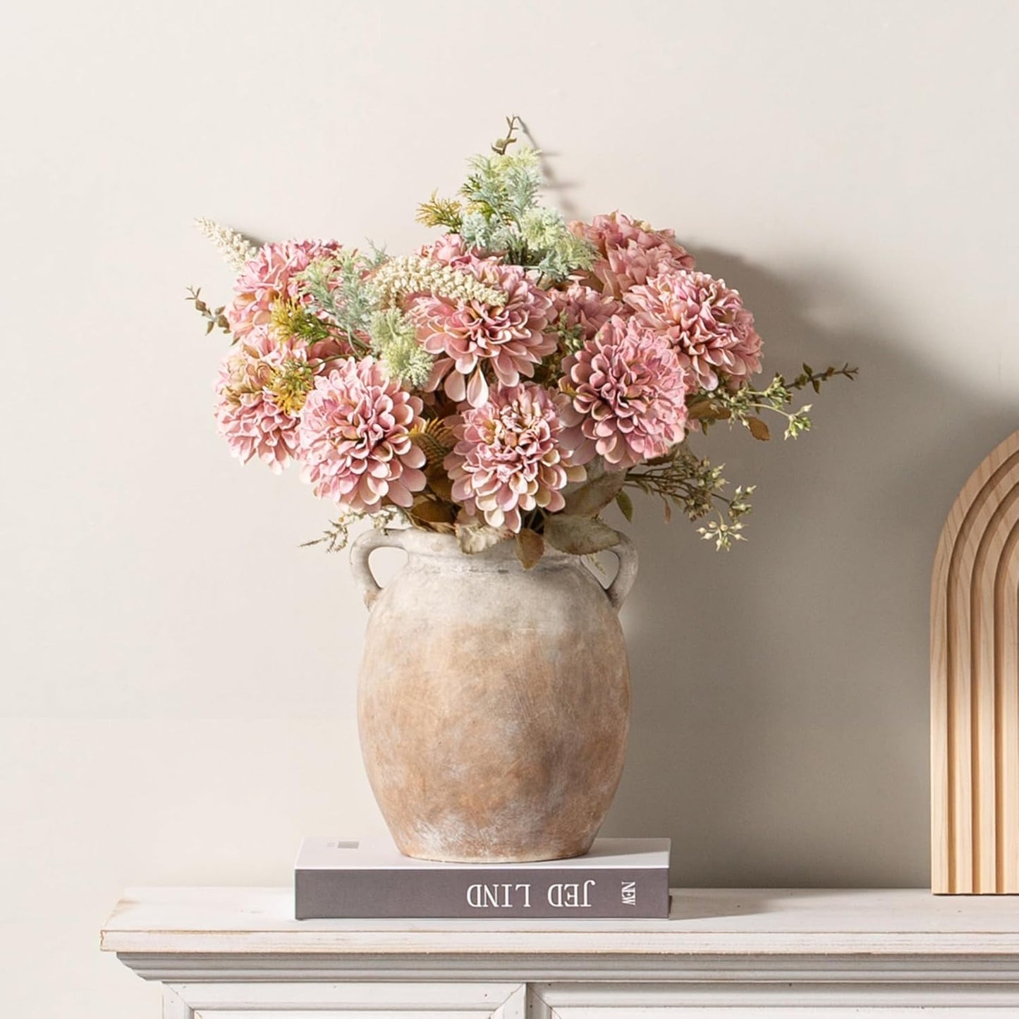 Dobbyby Ceramic Flower Vase 7.6 inch Farmhouse Rustic Vase Decorative Pottery Terracotta Vases for Home Decor Table Mantle Fireplace Living Room Bathroom Wedding Centerpiece (Whitewashed)