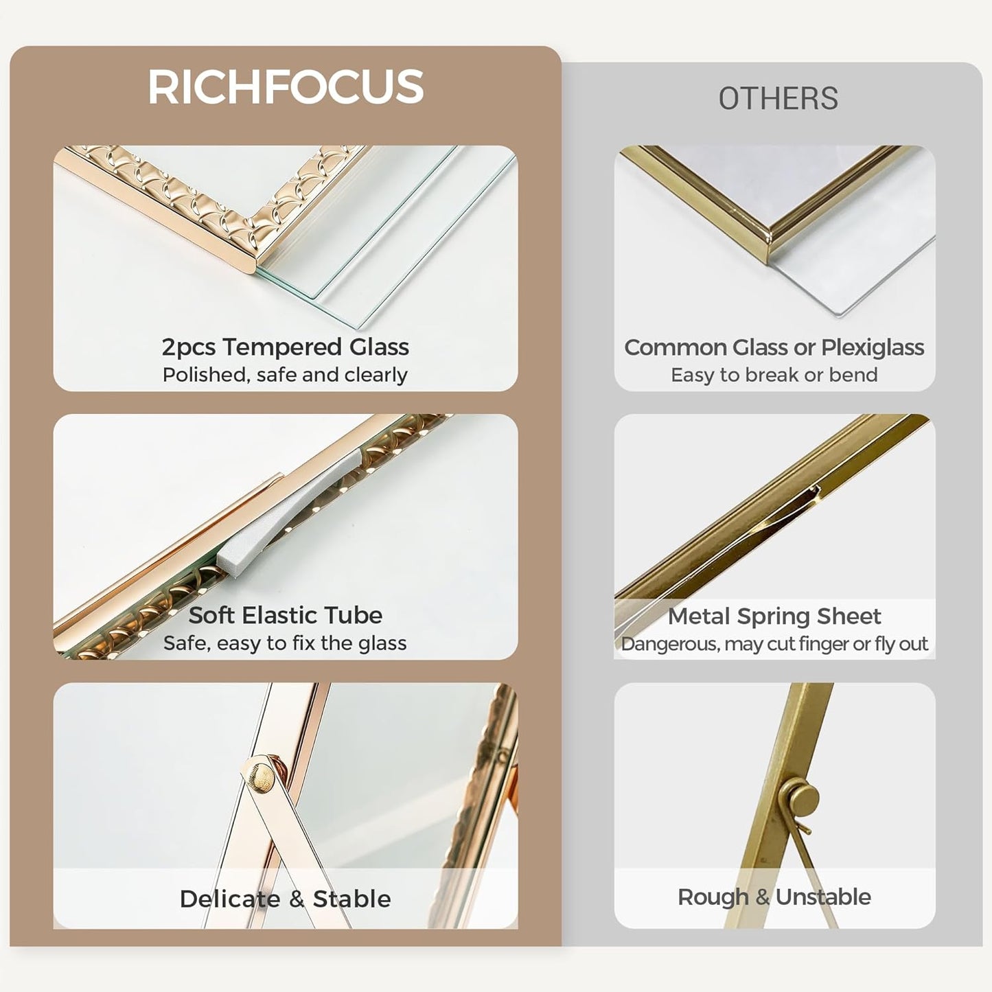 RICHFOCUS Gold 5x7 Floating Picture Frame for Photo 4x6 3.5x5 | 5 x 7 Metal Picture Frames with Double Glass for Tabletop|Modern Photo Frames Wedding|Home Decor