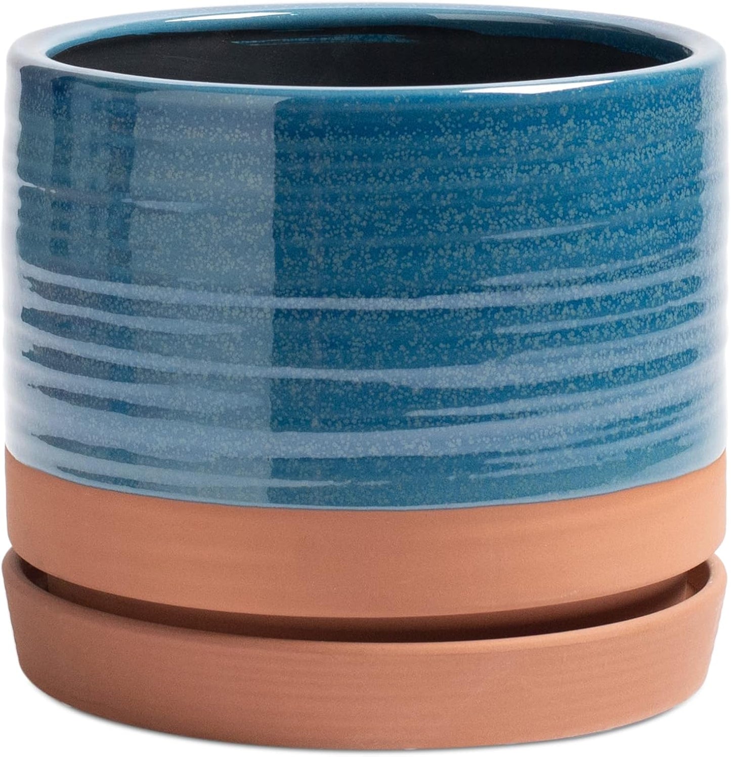 HERDUK 6 Inch Plant Pots, Ceramic Planter Pot with Drainage Hole & Saucer, Indoor/Outdoor Cylinder Round Planter Pot, Green & Beige