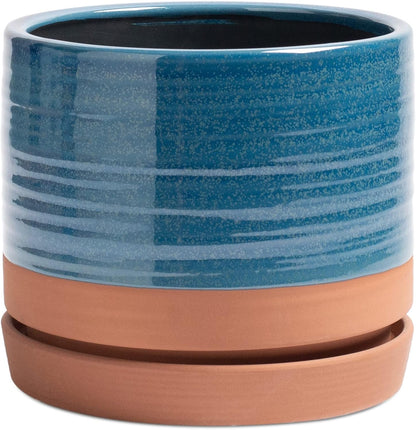 HERDUK 6 Inch Plant Pots, Ceramic Planter Pot with Drainage Hole & Saucer, Indoor/Outdoor Cylinder Round Planter Pot, Green & Beige